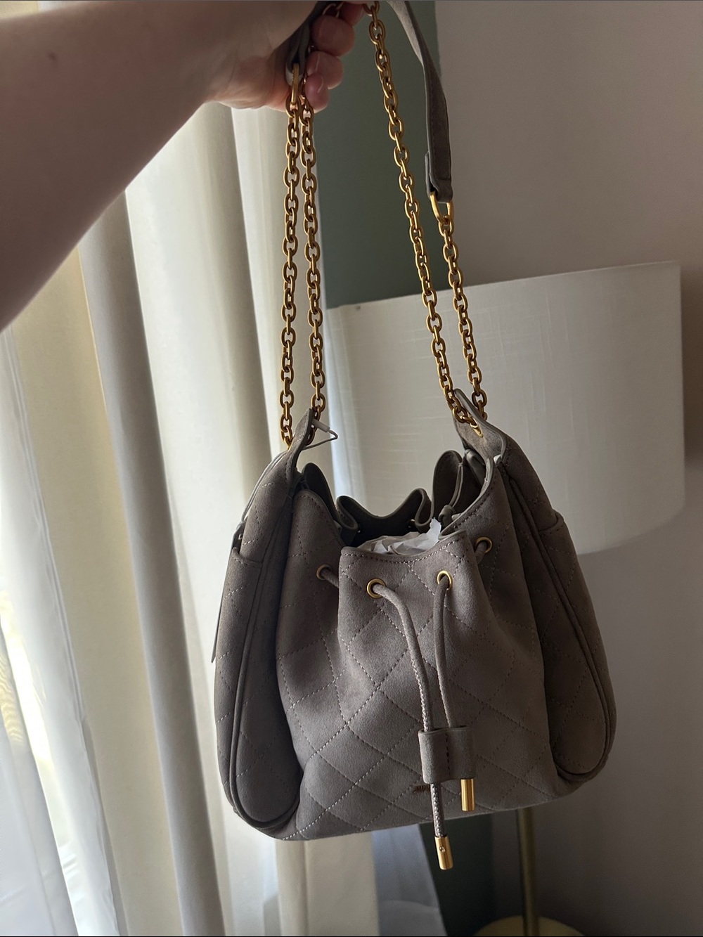 JW PEI faux suede Quilted Drawstring bucket Bag in Taupe with Gold Chain